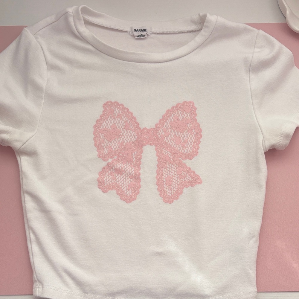Garage White Tee with Pink Bow Design